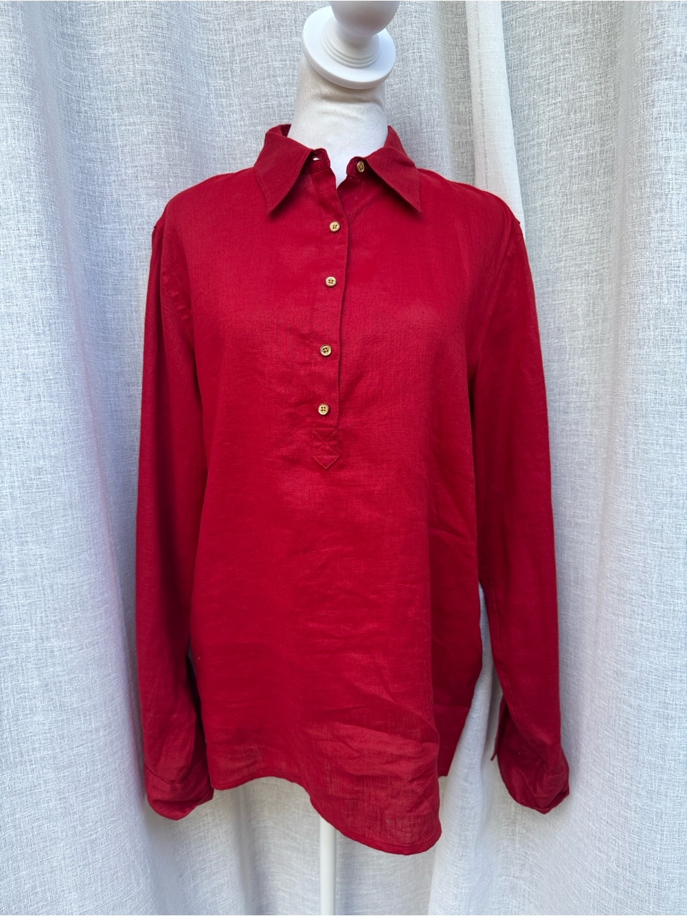 Lauren Ralph Lauren bright red long-sleeve linen popover shirt partial button